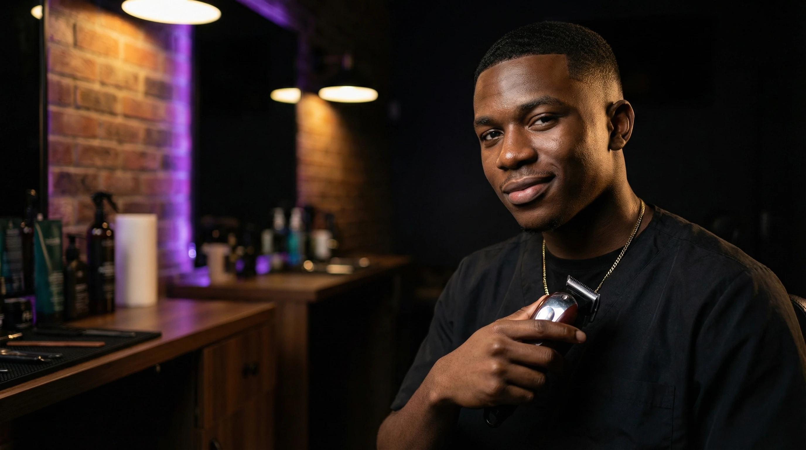 Barbering student in modern barbershop