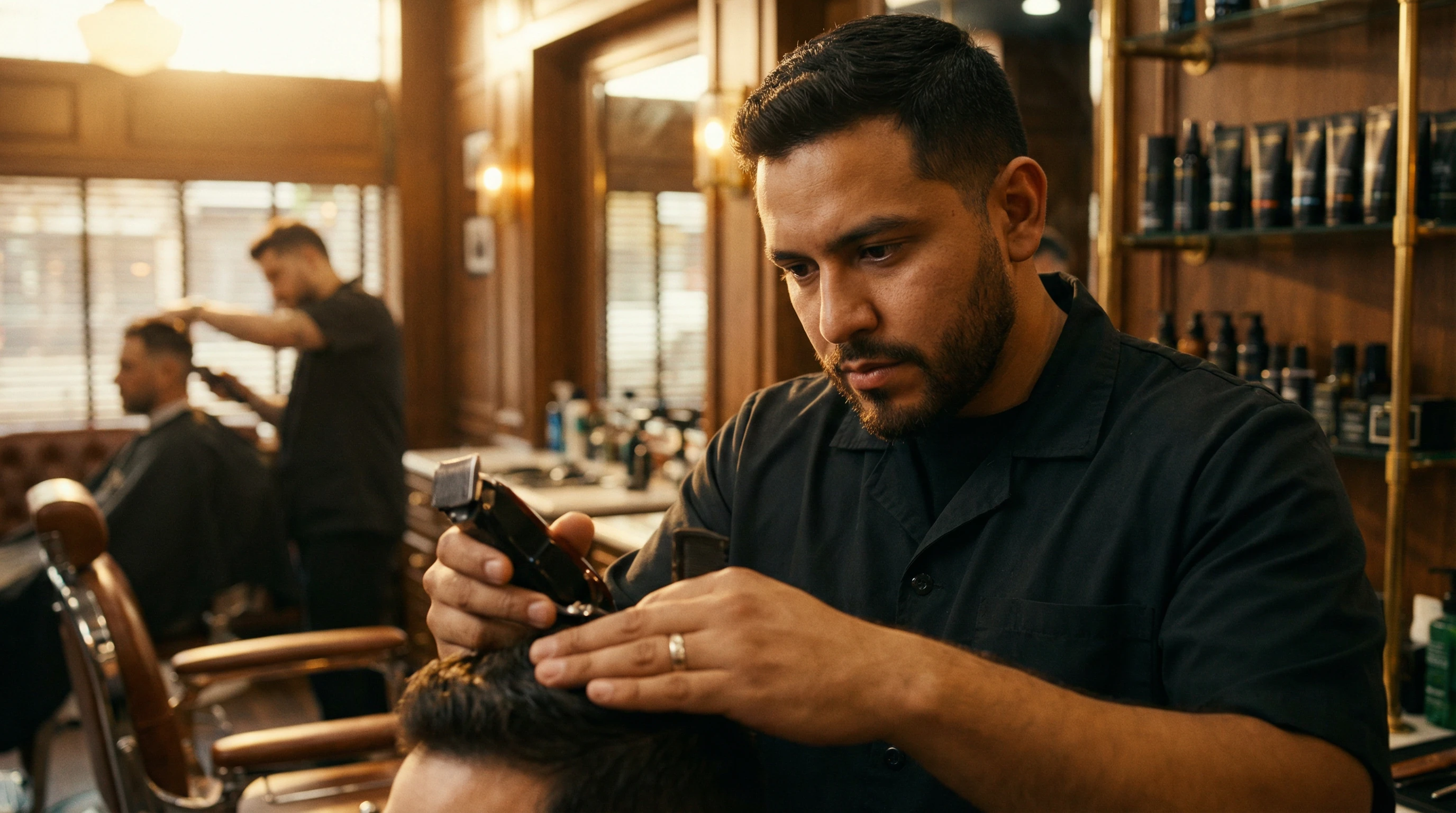 Barber working on client in classic barbershop