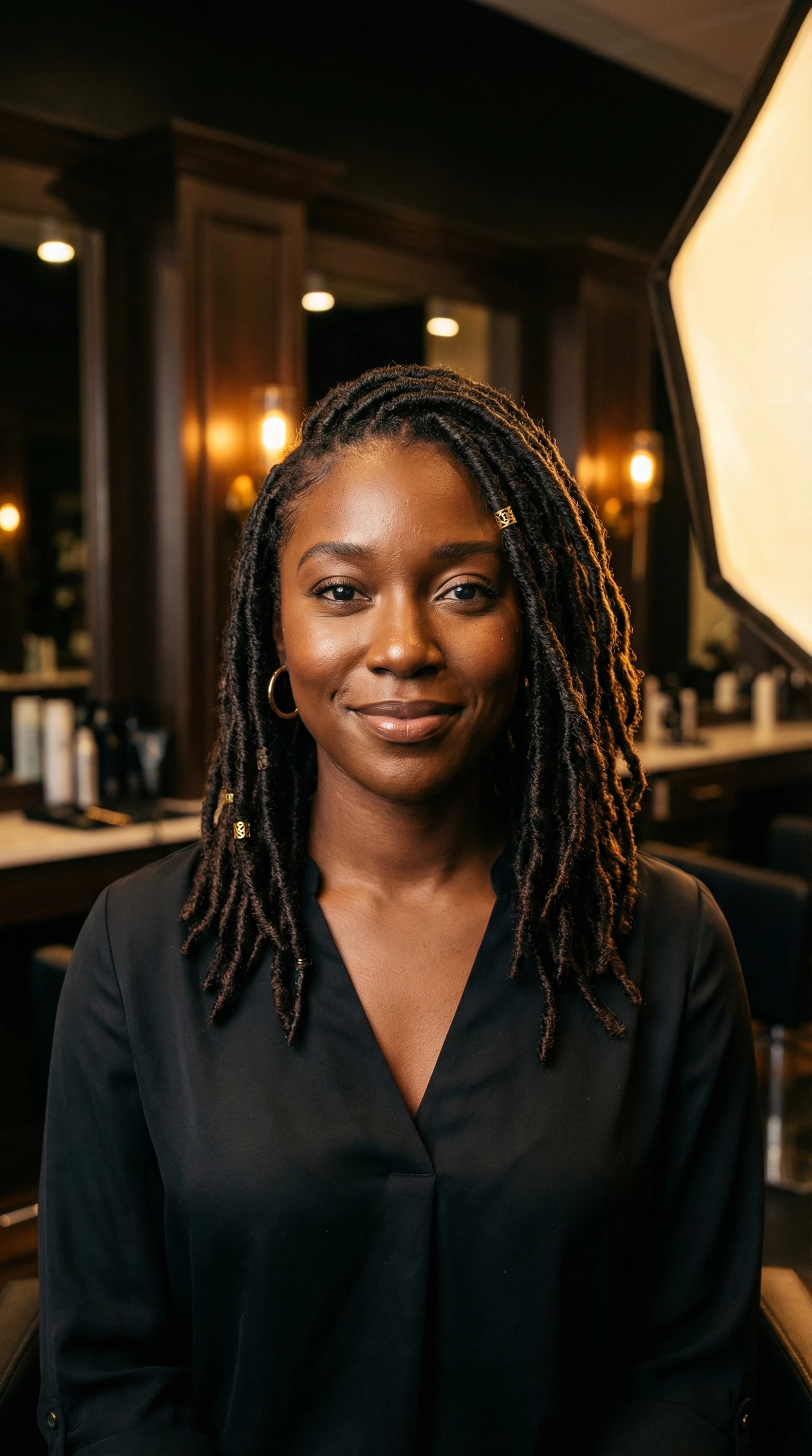 Stylist blow drying client hair in warm salon