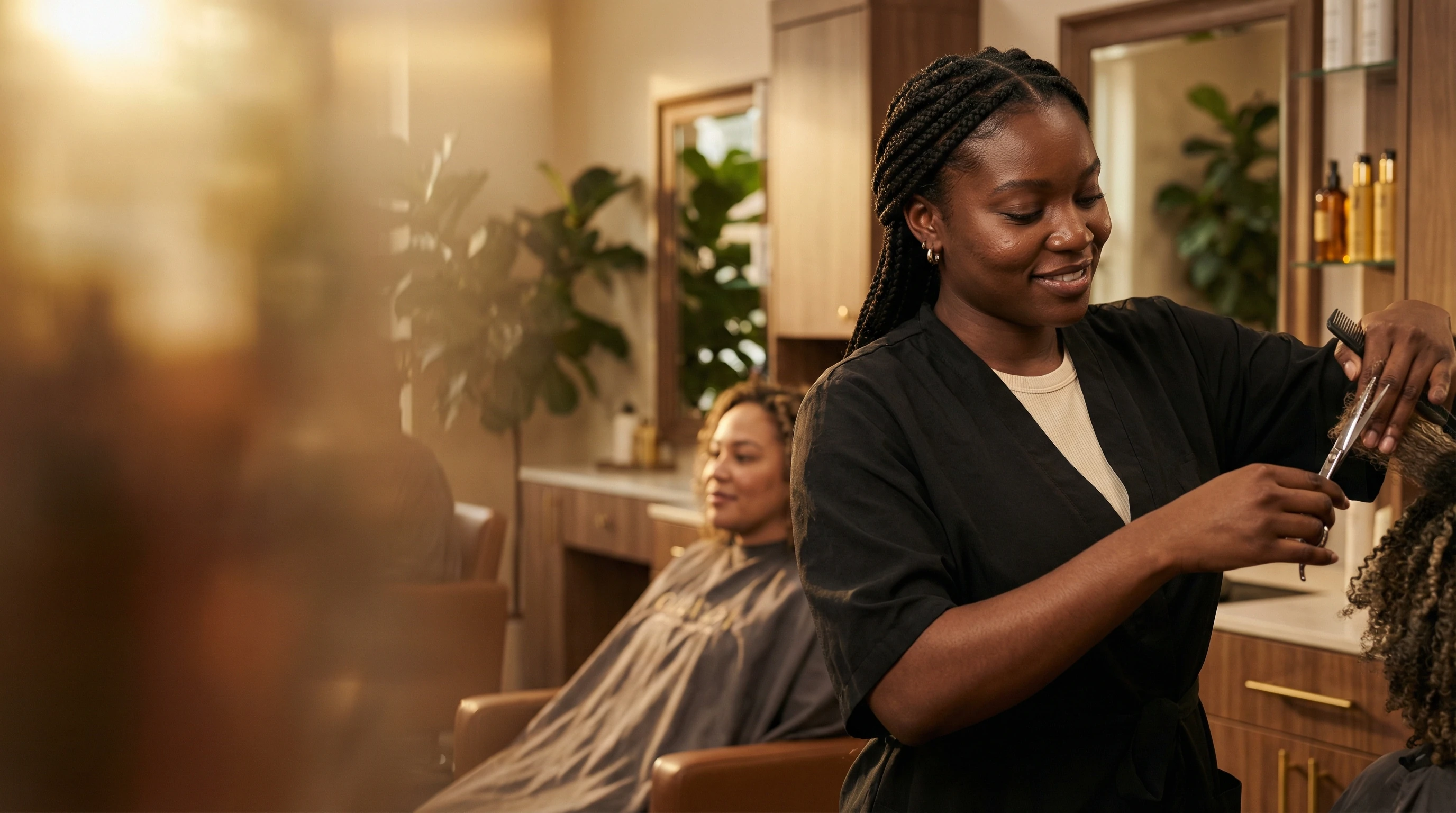 Stylist blow drying client hair in warm salon