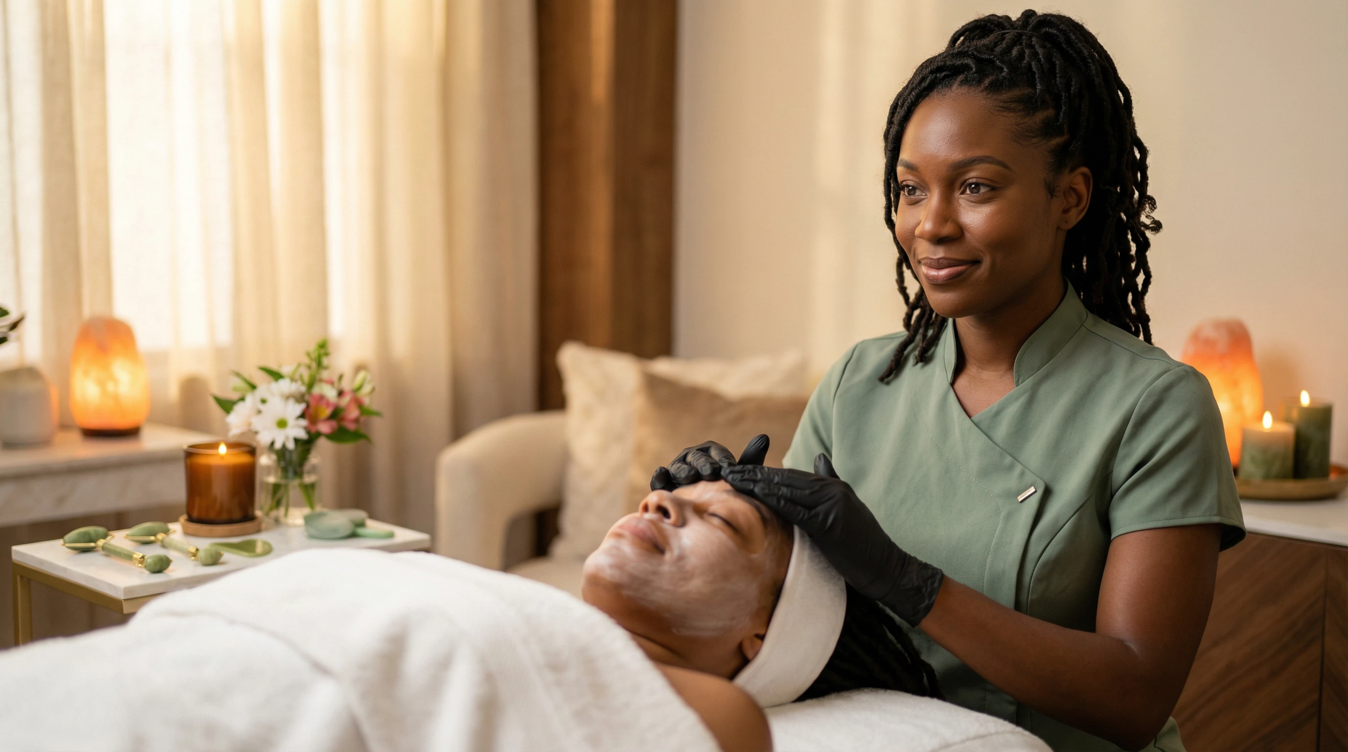 Esthetician performing facial treatment on client