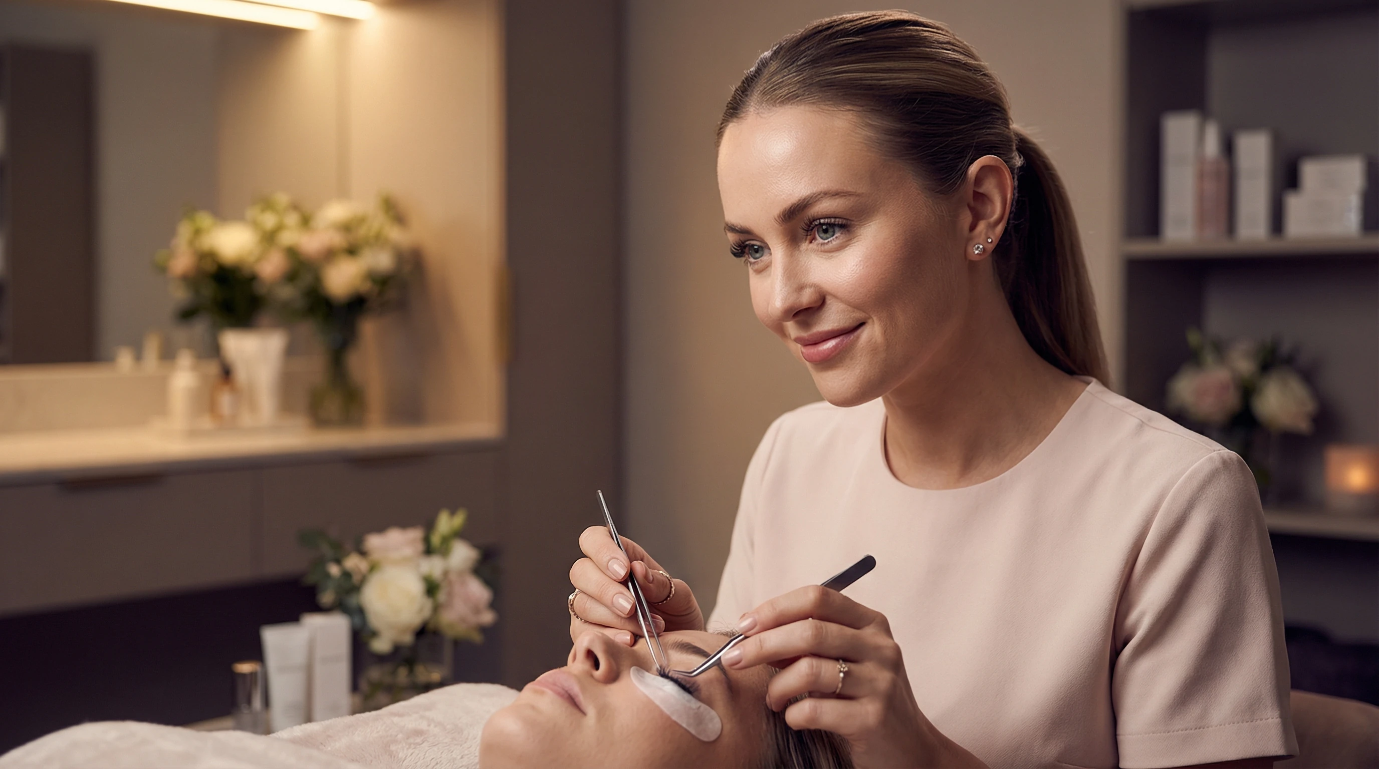 Professional lash technician mid-service