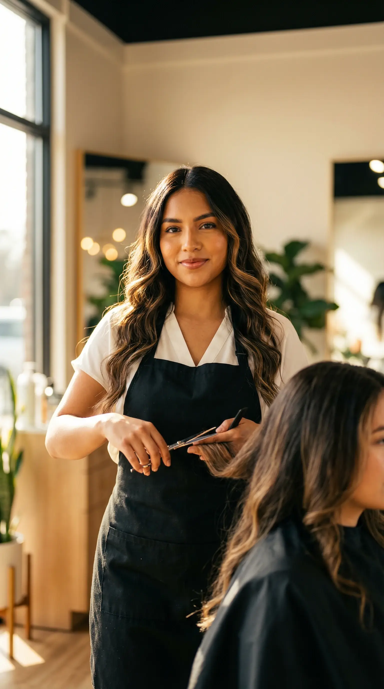 Young hairstylist cutting client hair in modern salon