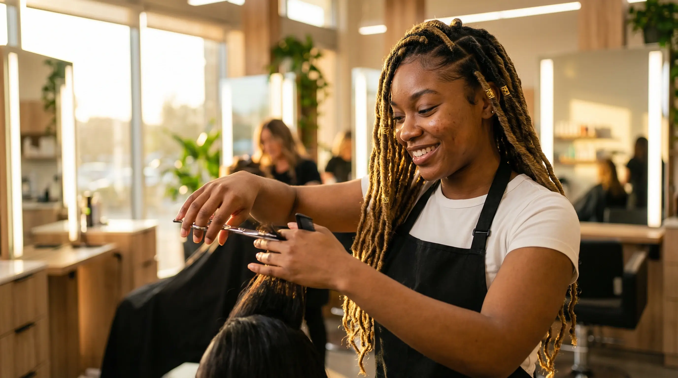 Young hairstylist cutting client hair in modern salon