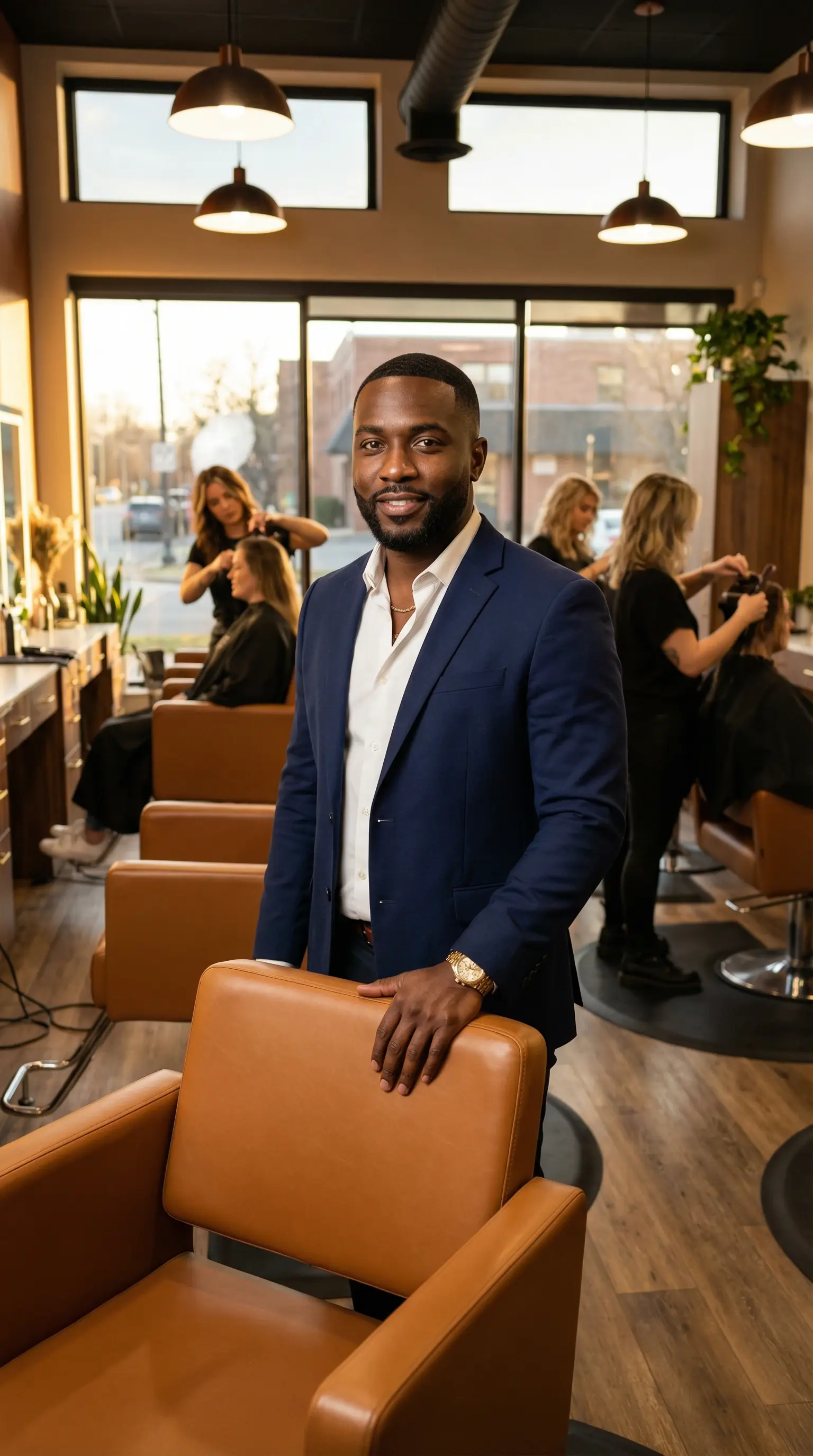 Salon owner standing proudly in thriving salon