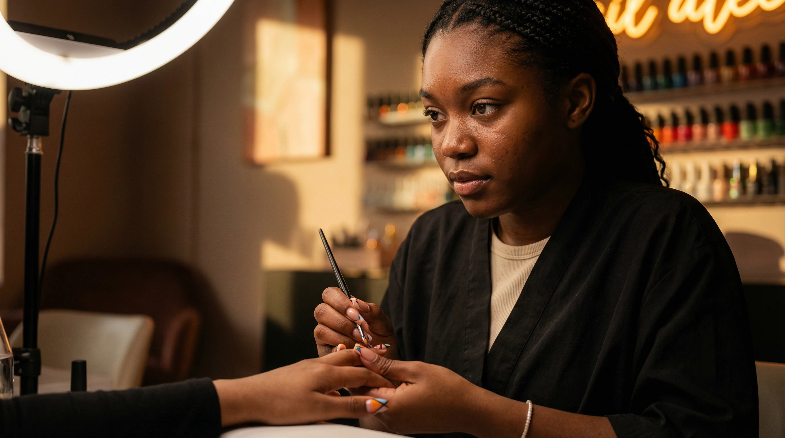 Nail artist creating intricate nail art